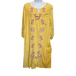 Charter Club Women Midi‎ Dress XL Yellow Embroidered Floral Boho Cottagecore